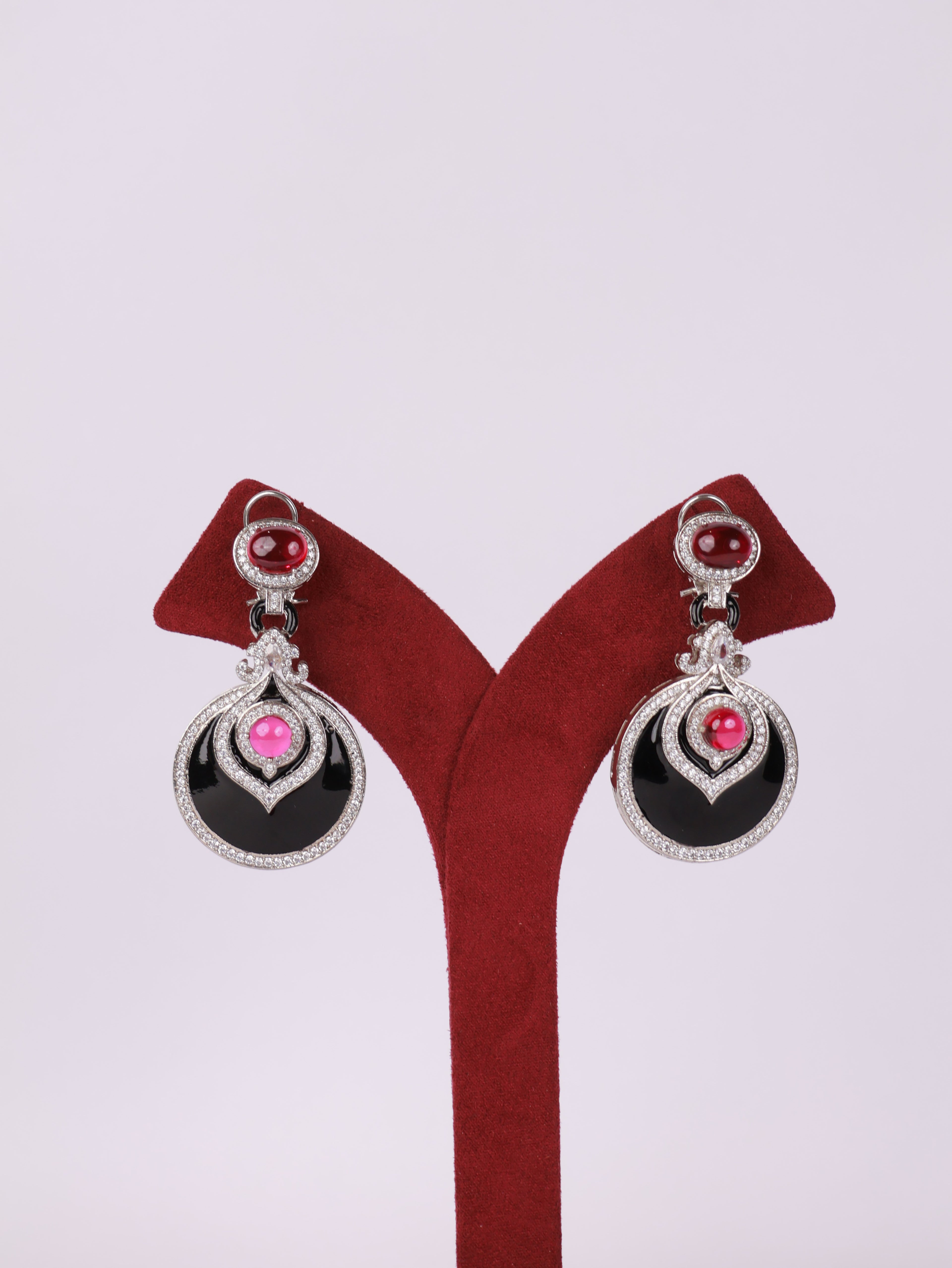 Royal Ruby Cabochon & Black Enamel Circular Drop Earrings