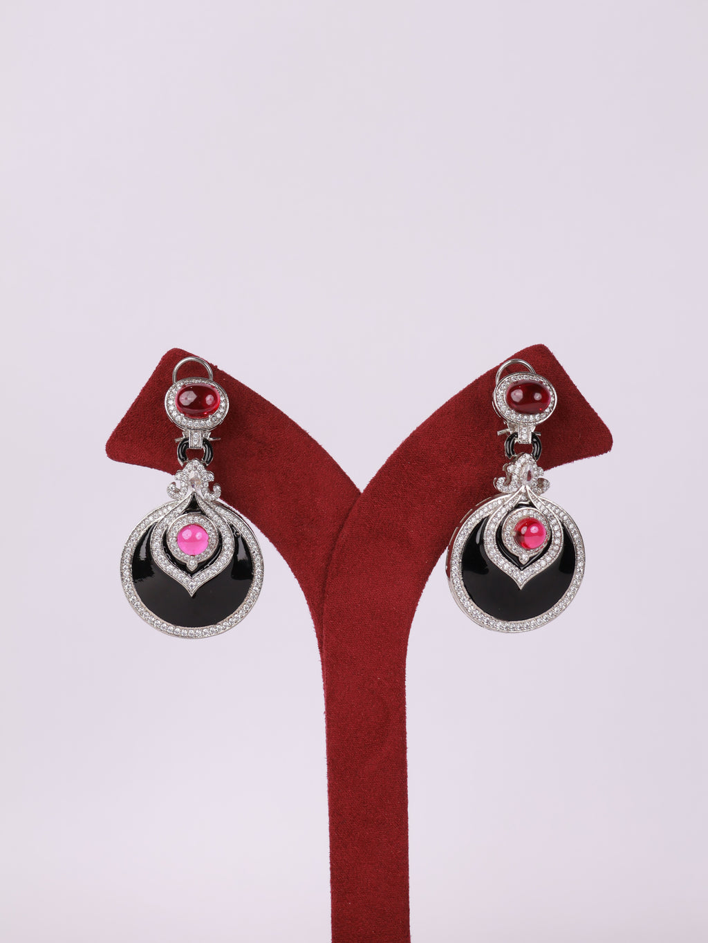 Royal Ruby Cabochon & Black Enamel Circular Drop Earrings