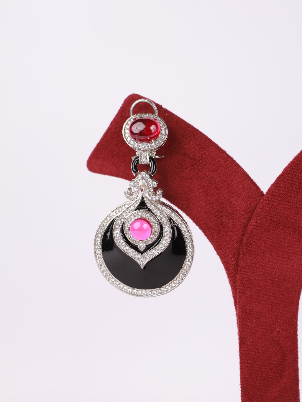 Royal Ruby Cabochon & Black Enamel Circular Drop Earrings