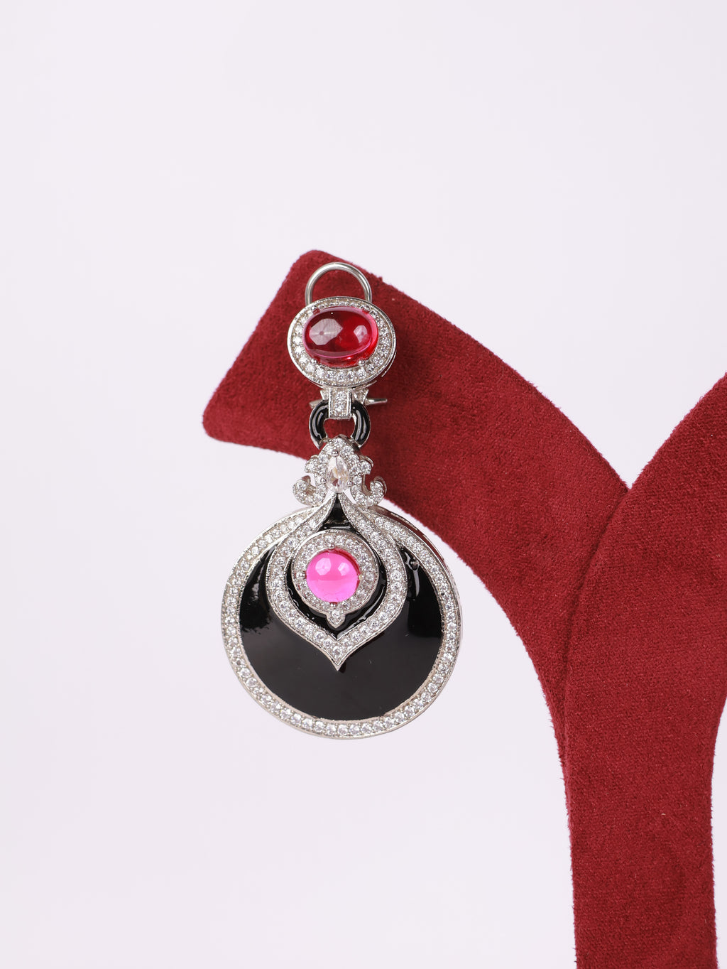 Royal Ruby Cabochon & Black Enamel Circular Drop Earrings