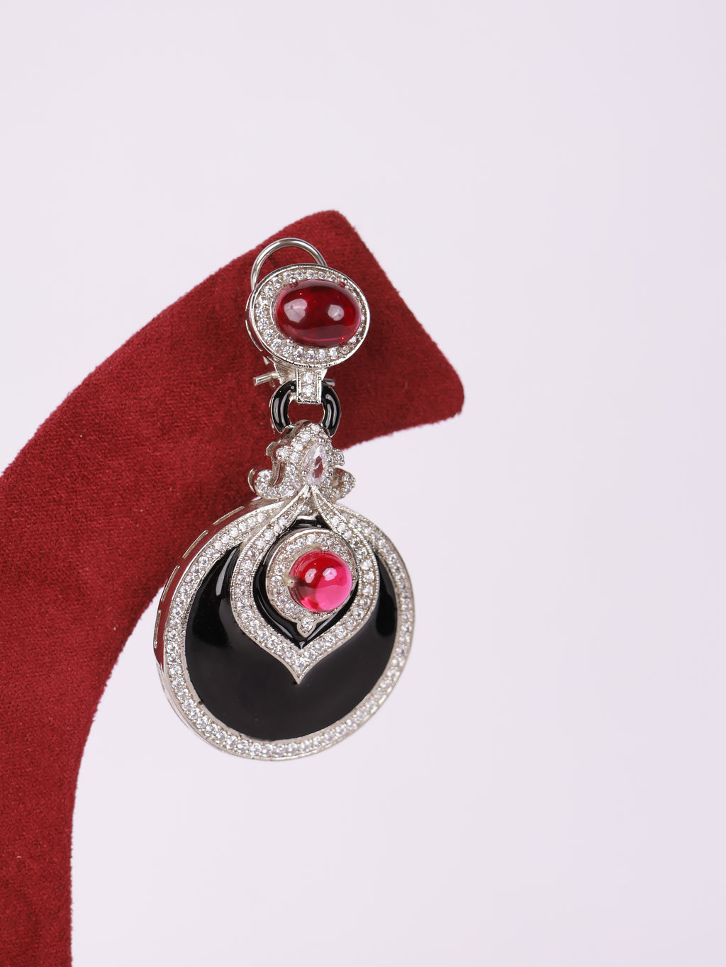 Royal Ruby Cabochon & Black Enamel Circular Drop Earrings