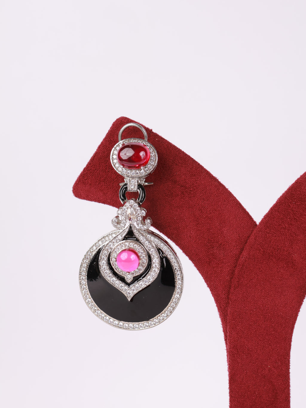Royal Ruby Cabochon & Black Enamel Circular Drop Earrings