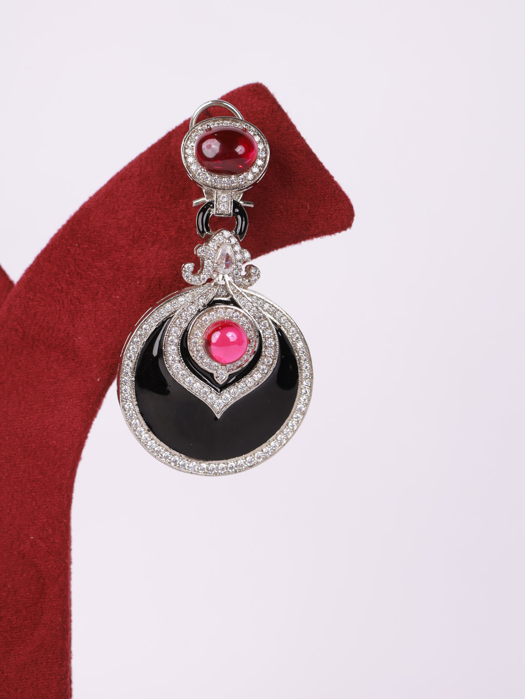 Royal Ruby Cabochon & Black Enamel Circular Drop Earrings