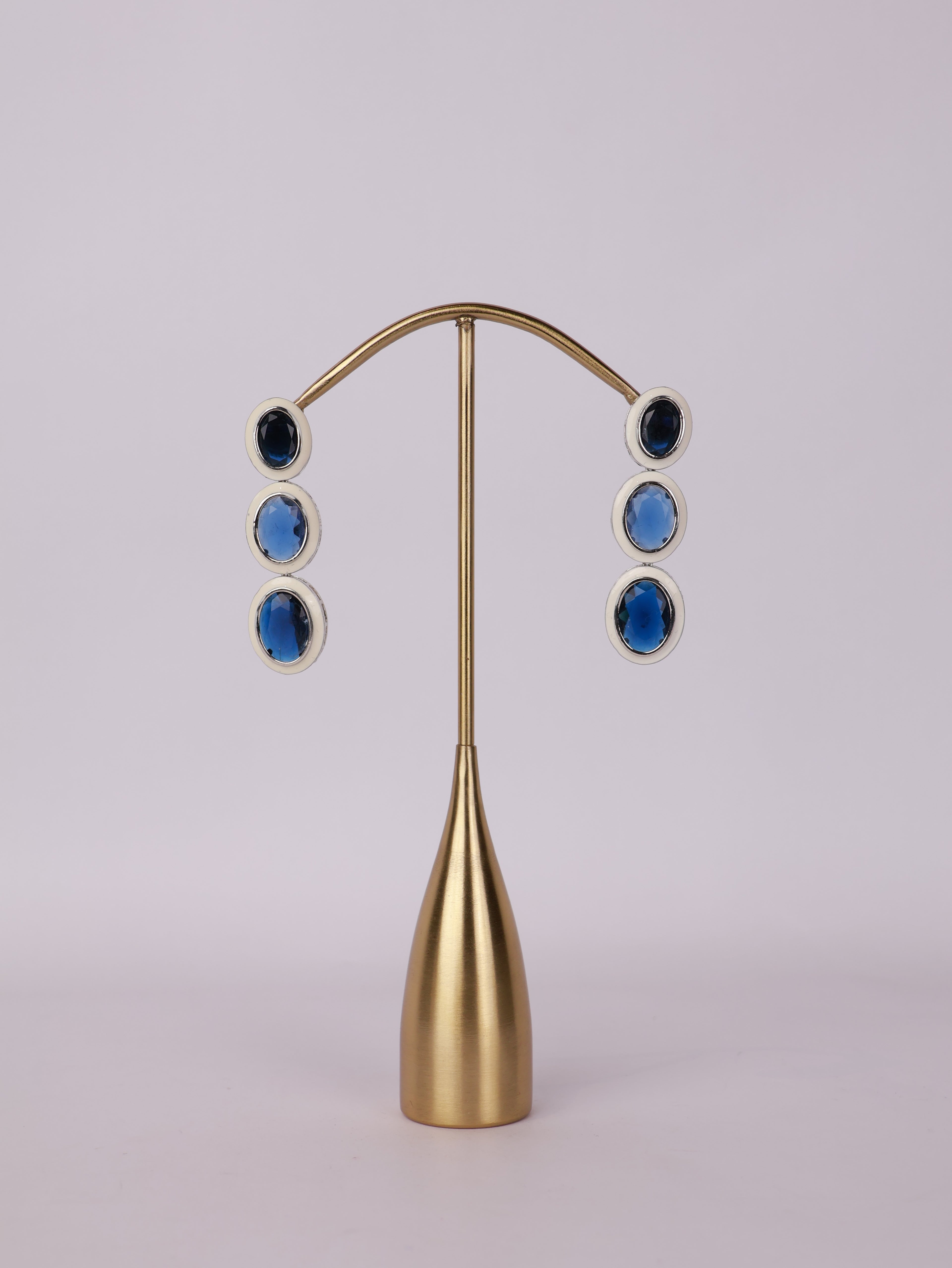 Royal Sapphire & White Enamel Three-Tier Drop Earrings