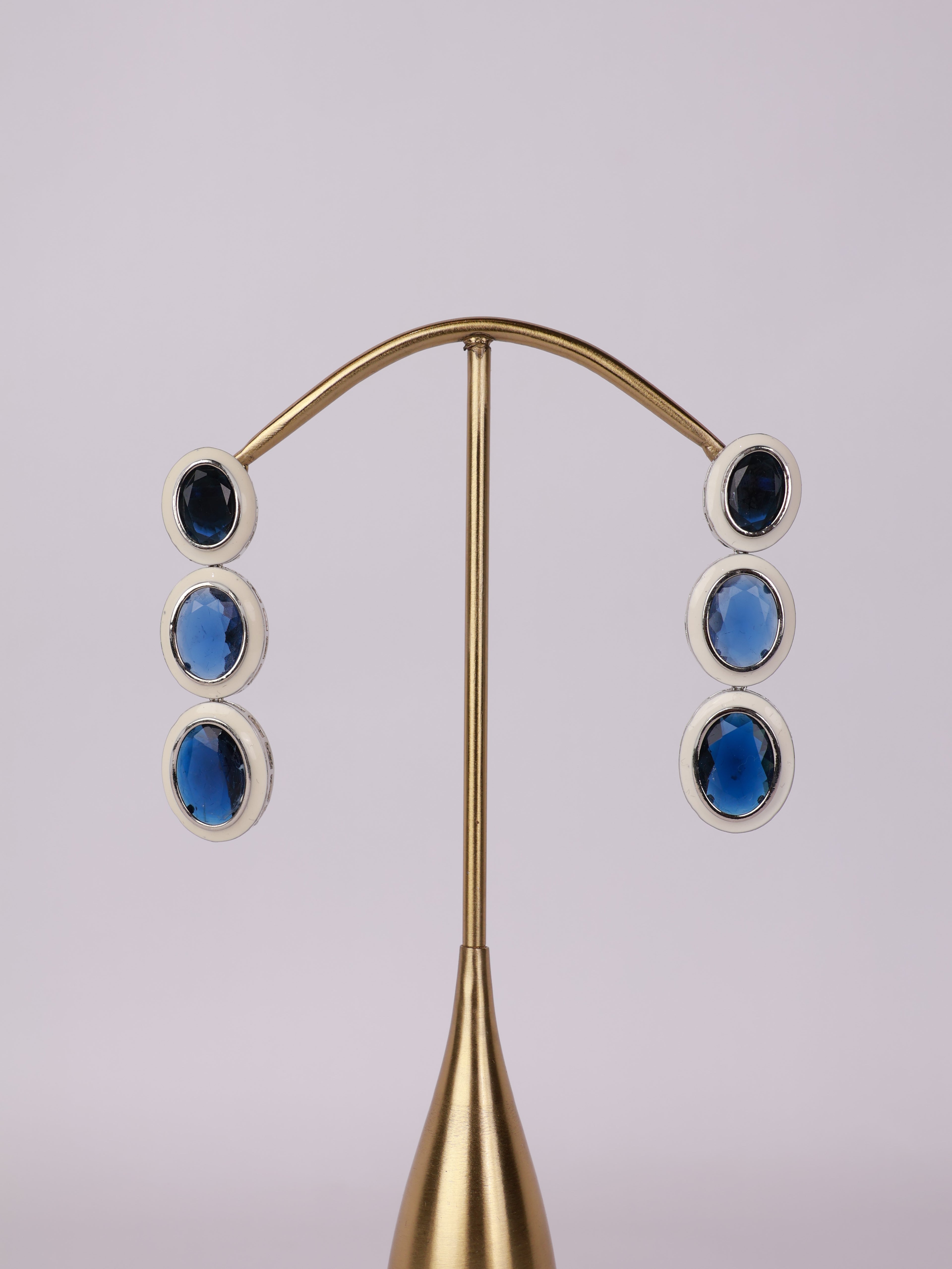 Royal Sapphire & White Enamel Three-Tier Drop Earrings