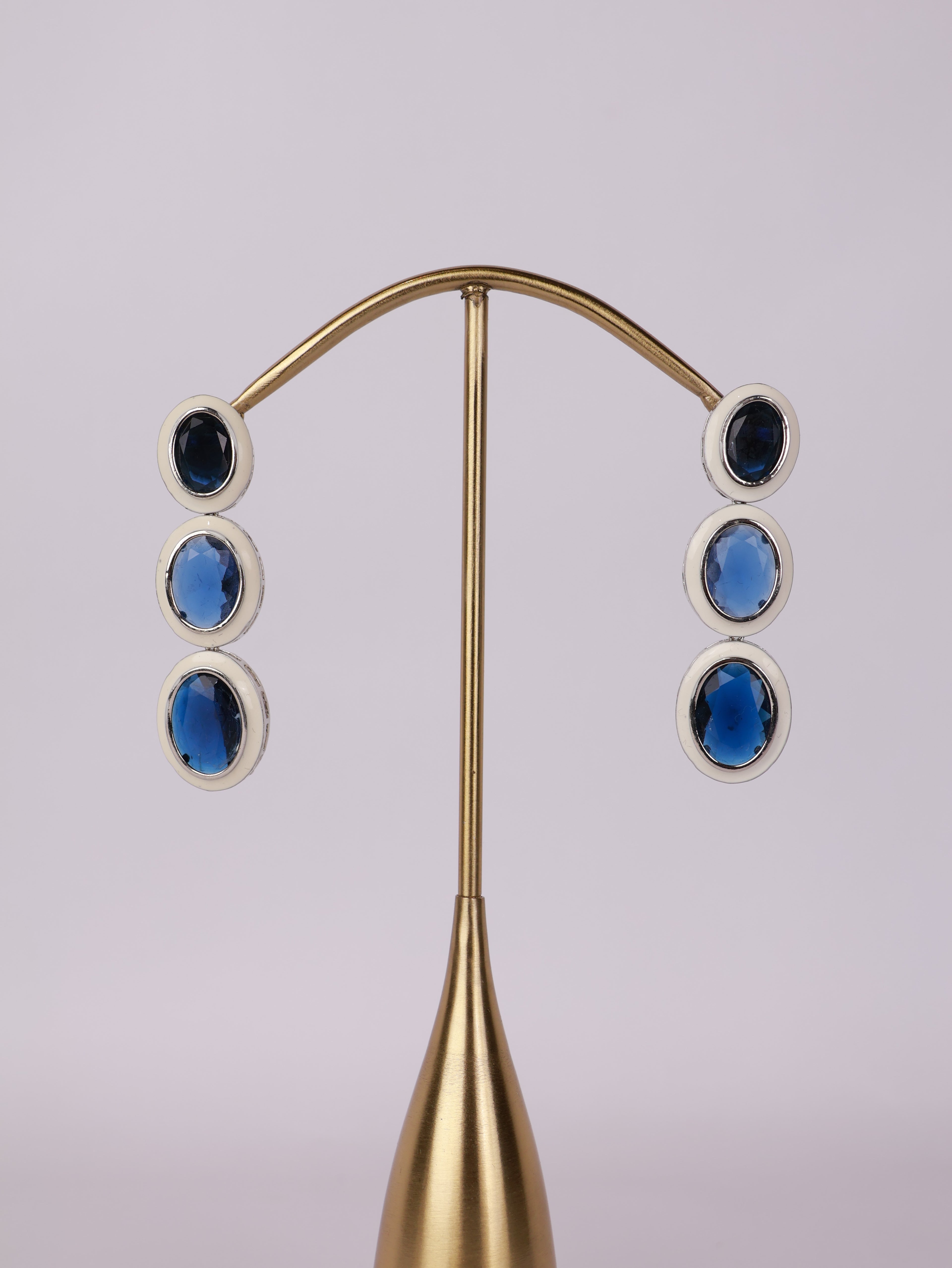 Royal Sapphire & White Enamel Three-Tier Drop Earrings