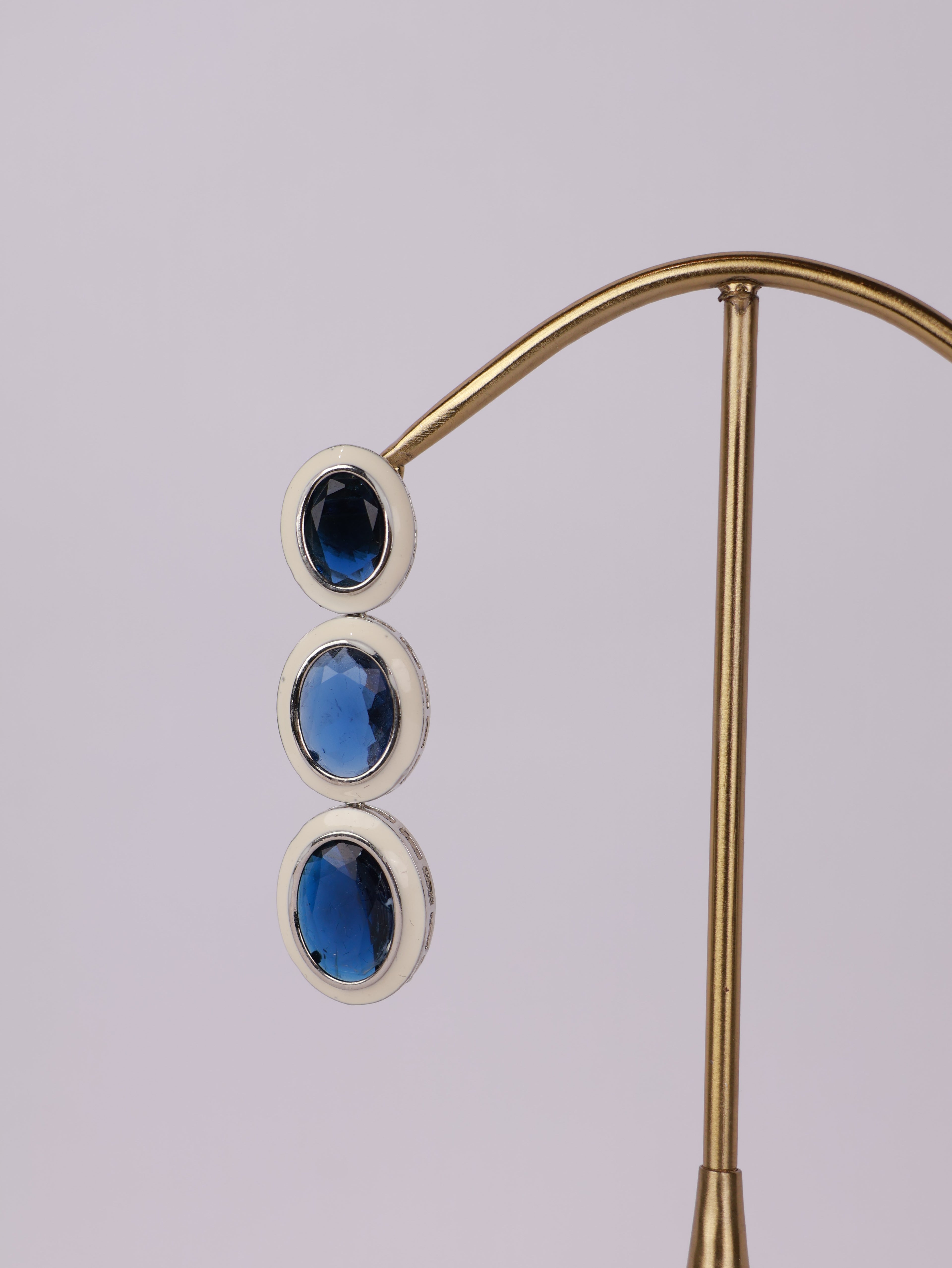 Royal Sapphire & White Enamel Three-Tier Drop Earrings