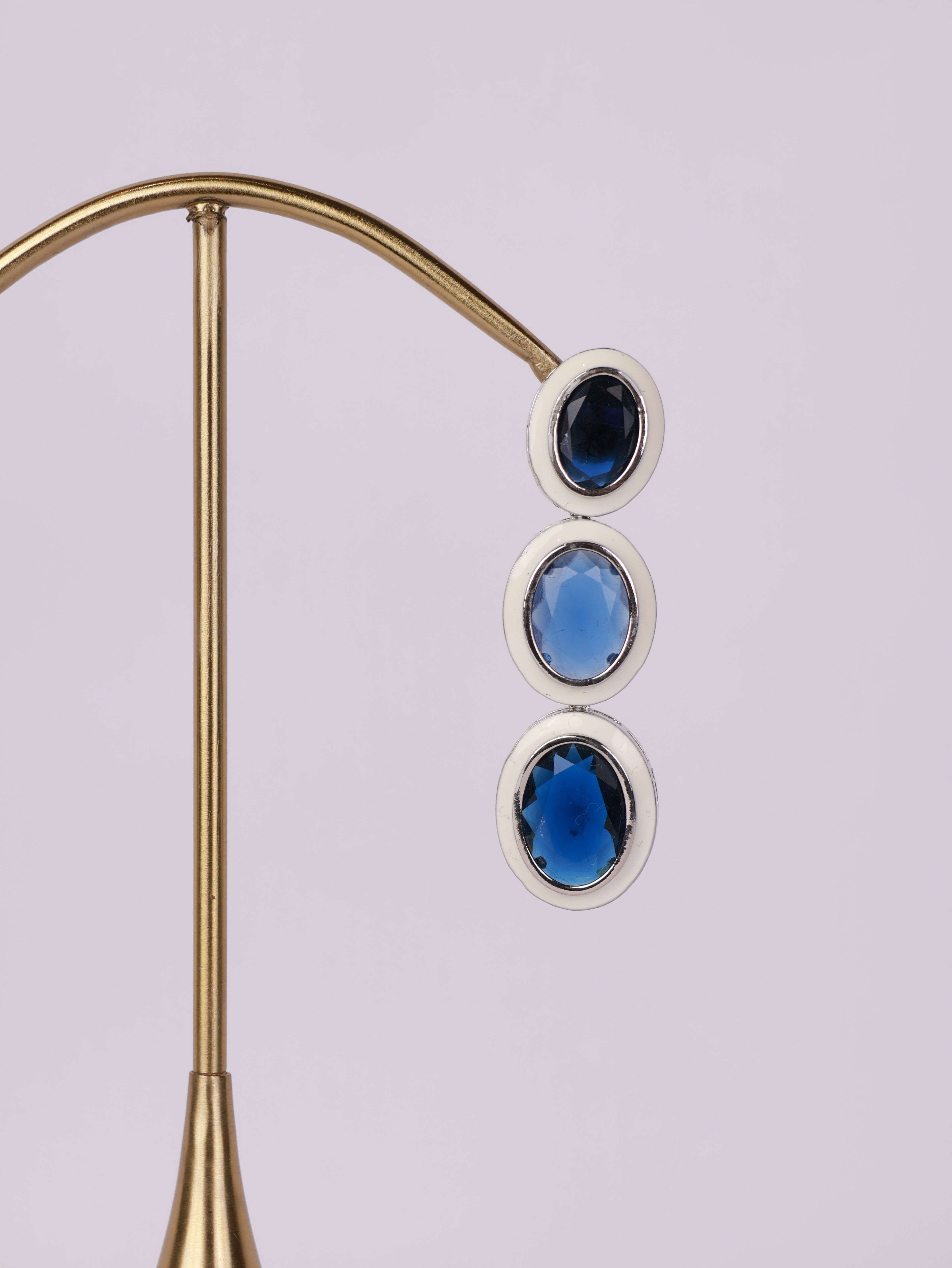 Royal Sapphire & White Enamel Three-Tier Drop Earrings