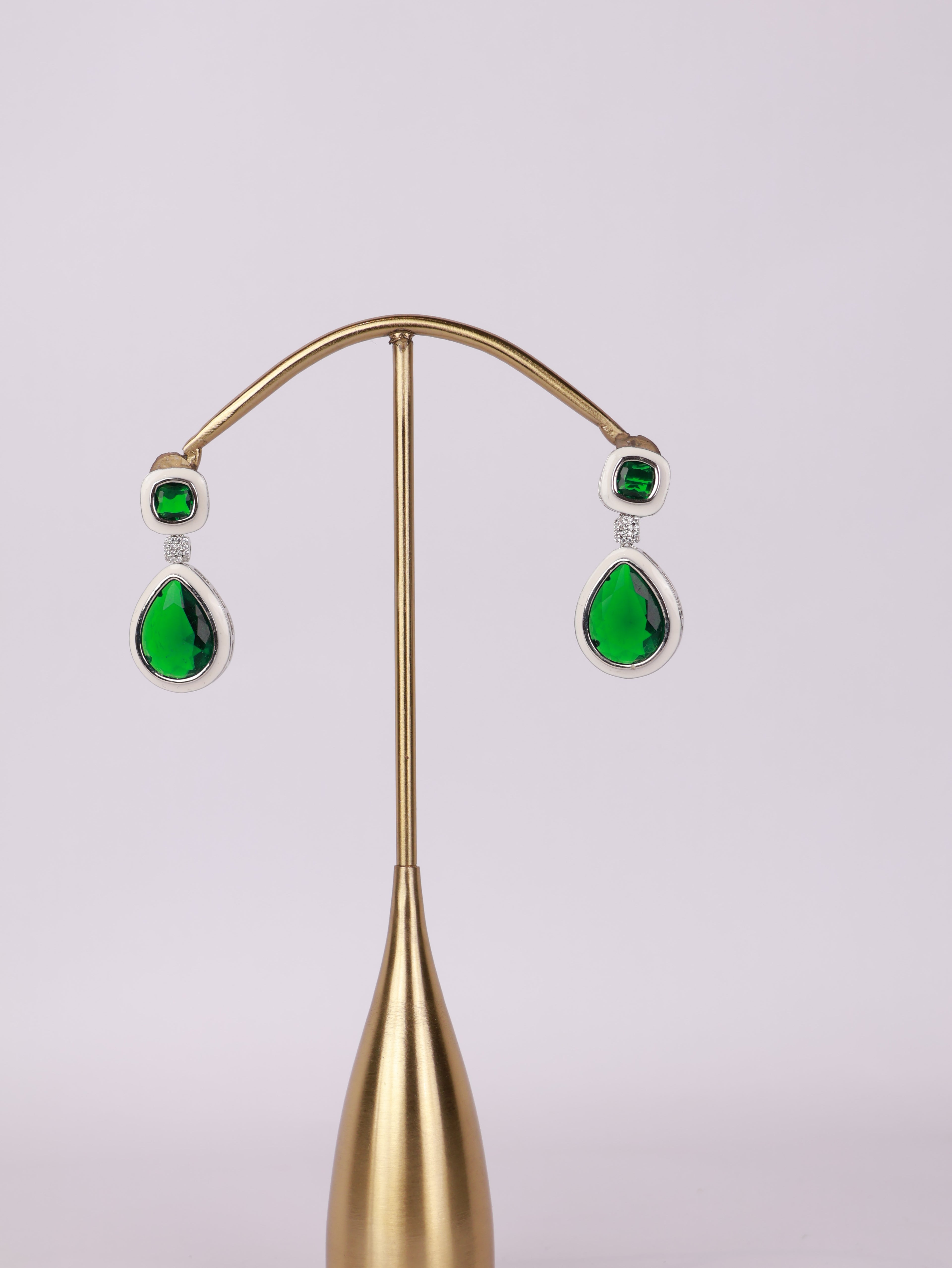 Royal Emerald Crystal & White Enamel Teardrop Earrings