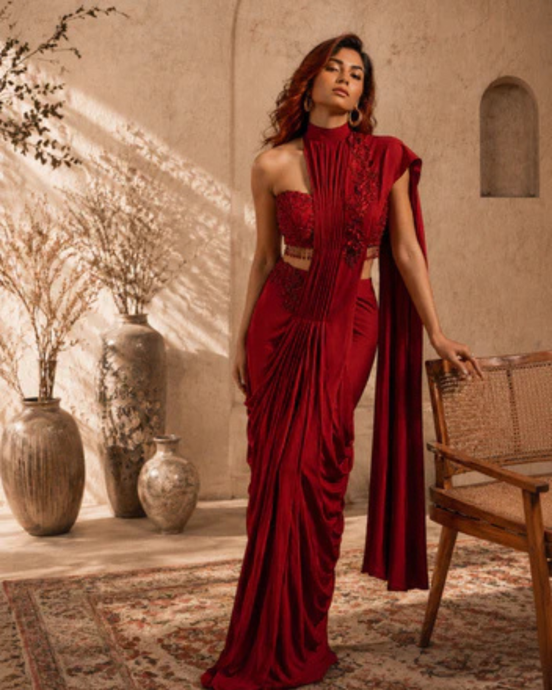 Crimson Royale Hand-Embroidered Saree