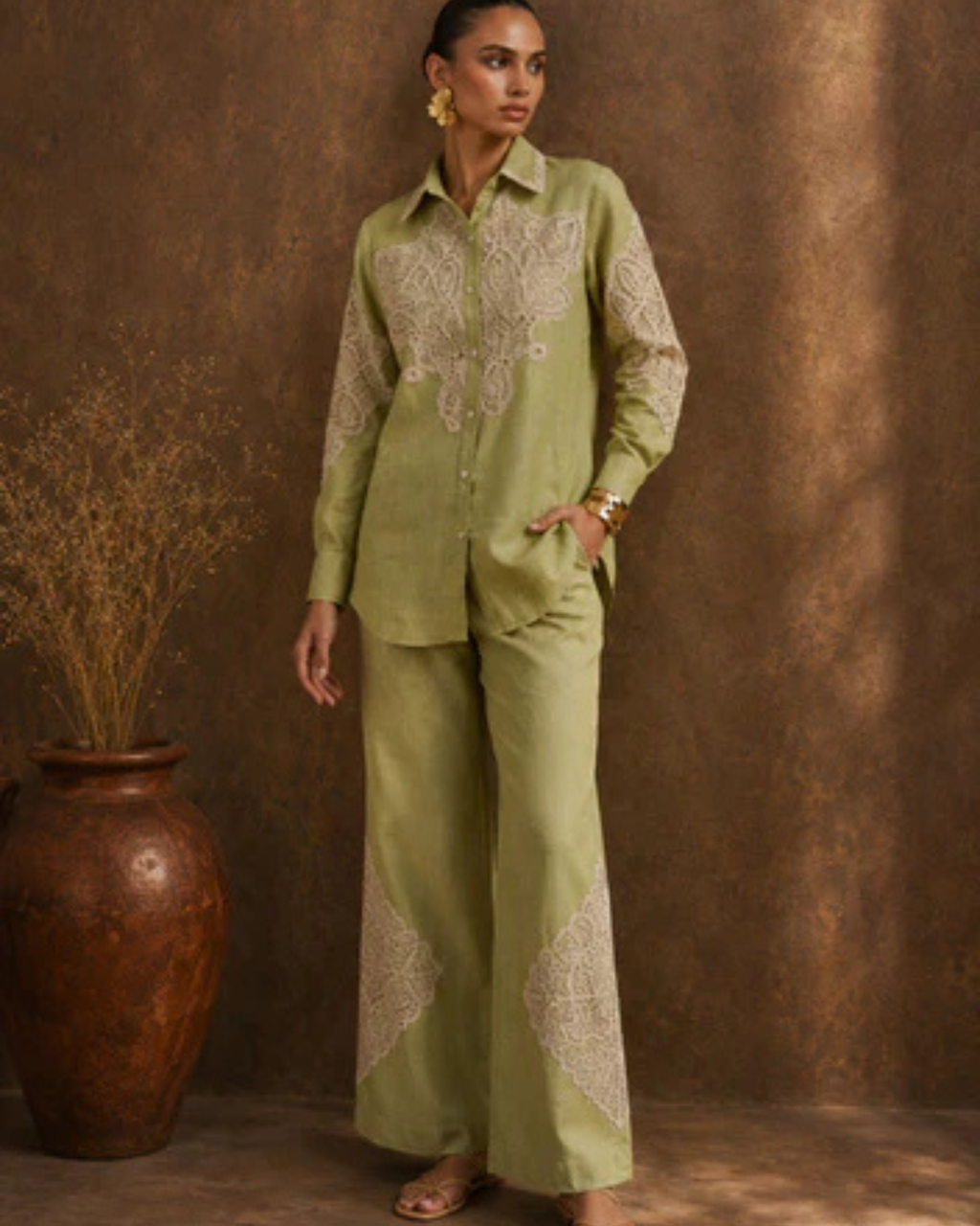 Sage Lace Cotton Linen Co-Ord Set