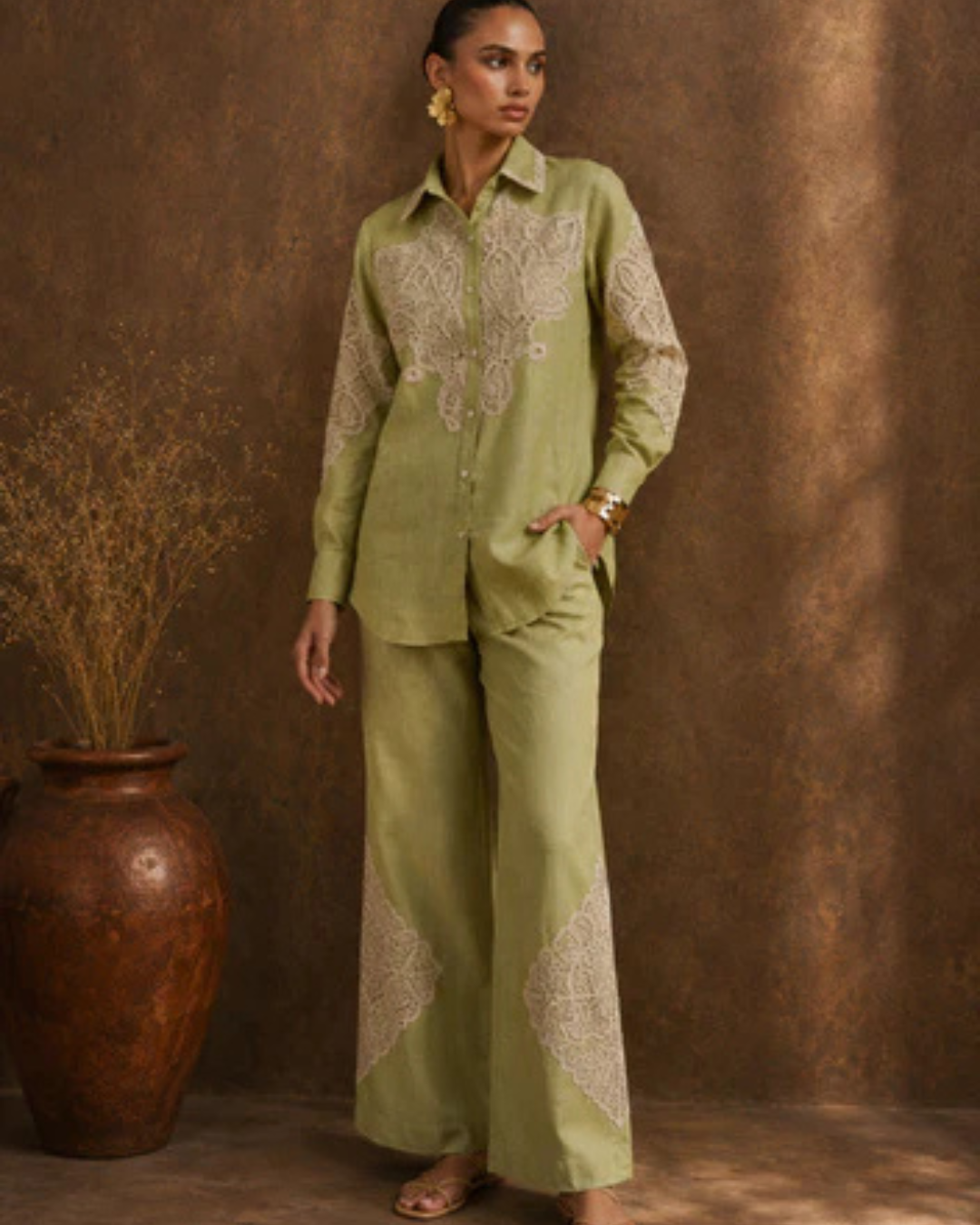 Sage Lace Cotton Linen Co-Ord Set