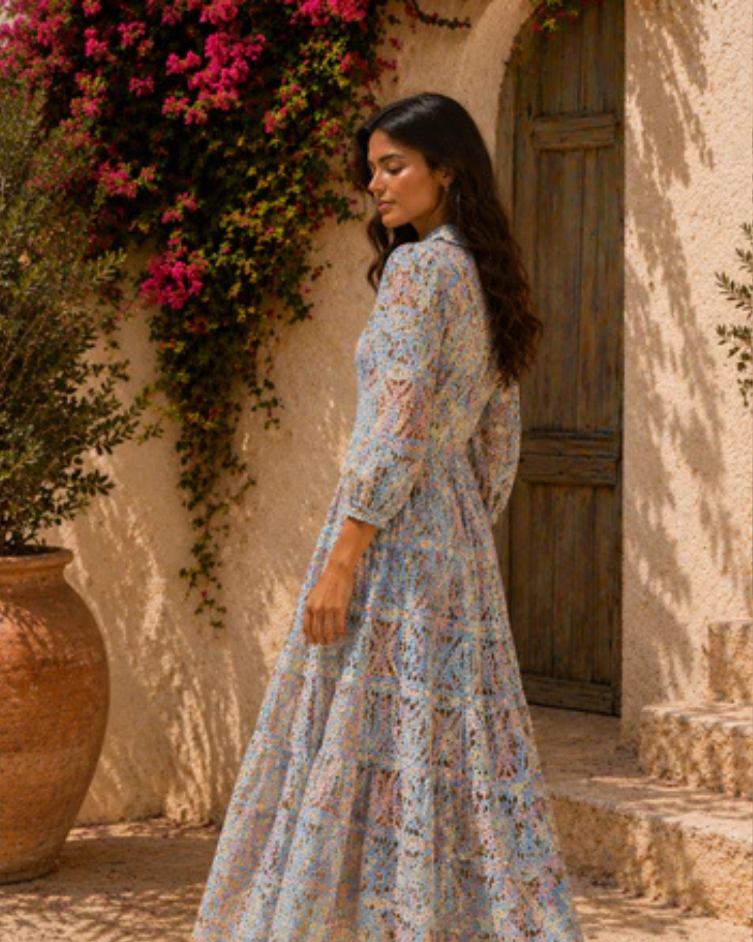 Azure Bloom Cutwork Maxi Dress